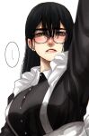  ... 1girl apron black_dress black_hair blurry blurry_foreground blush breasts depth_of_field dress embarrassed glasses grey_eyes hair_between_eyes hand_up highres hoshi_san_3 jimiko large_breasts long_sleeves looking_at_viewer maid maid_apron mole mole_under_eye mole_under_mouth original parted_lips round_eyewear semi-rimless_eyewear simple_background solo spoken_ellipsis sweatdrop under-rim_eyewear upper_body white_apron white_background 