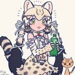  1girl animal_costume animal_ear_fluff animal_ears bow bowtie cat_ears cat_girl cat_tail extra_ears geoffroy&#039;s_cat_(kemono_friends) green_eyes grey_hair highres inada_roku kemono_friends kemono_friends_v_project long_hair looking_at_viewer microphone multicolored_hair open_mouth ribbon shirt simple_background skirt solo tail tea twintails virtual_youtuber 