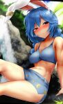  1girl :/ adapted_costume ahoge animal_ears bangs bare_shoulders bikini blue_hair blurry blurry_background blush breasts closed_mouth clouds cloudy_sky collarbone commentary_request crescent_print day depth_of_field ear_clip eyebrows_visible_through_hair feet_out_of_frame highres leaning_back long_hair looking_at_viewer low-tied_long_hair low_twintails medium_breasts mizuga navel nose_blush outdoors rabbit_ears raised_eyebrow red_eyes seiran_(touhou) sitting sky solo star_(symbol) star_print sweat swimsuit thighs toned touhou twintails water waterfall 