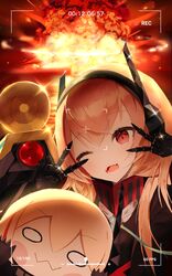  2girls absurdres banana_(girls_frontline) blonde_hair double_v explosion fangs girls_frontline headgear highres huge_filesize m4_sopmod_ii_(girls_frontline) m4_sopmod_ii_jr multicolored_hair multiple_girls mushroom_cloud nerkia nuclear_explosion one_eye_closed open_mouth red_eyes redhead streaked_hair v 