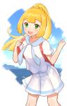  1girl bangs blonde_hair blush clenched_hand clouds commentary_request day eyelashes floating_hair green_eyes hands_up highres holding_strap knees lillie_(pokemon) long_hair magicfishtaco open_mouth outdoors pleated_skirt pokemon pokemon_(game) pokemon_sm ponytail sailor_collar shiny shiny_hair shirt short_sleeves skirt sky smile solo tongue upper_teeth white_shirt white_skirt 