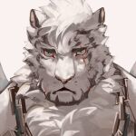  1boy animal_ears arknights black_tank_top chain_necklace face frown furry hinokumo_f looking_at_viewer male_focus mountain_(arknights) portrait scar scar_across_eye short_hair solo tank_top tiger_boy tiger_ears white_fur white_hair 