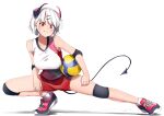  1girl absurdres blush breasts demon_tail elbow_pads highres horns knee_brace large_breasts murakami_ryouga original red_footwear red_shorts redhead shoes short_hair short_shorts shorts smile sneakers solo sportswear stretch tail thighs volleyball volleyball_uniform white_hair 