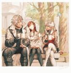  1boy 2girls ahoge alisaie_leveilleur bench bird braid braided_ponytail brown_hair coffee_mug cup final_fantasy final_fantasy_xiv fingerless_gloves fur_trim gloves hair_ribbon highres jacket kuroimori leaning_on_person long_hair looking_at_another mug multiple_girls pointy_ears ribbon ryne shade short_hair silver_hair sleeping sleeping_on_person smile thancred_waters tree white_jacket 