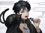  1boy absurdres animal_on_shoulder black_cat black_hair black_jacket candy candy_bar candy_wrapper cat cat_on_shoulder commentary_request fang feeding food food_request green_eyes hands_up hataya highres holding holding_food jacket looking_at_animal looking_at_another male_focus nekomata open_clothes open_jacket open_mouth shirt short_hair sideways_glance smoke solo teeth teeth_hold upper_body white_background white_shirt 