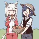  2girls :d animal_ears bangs basket black_pants black_vest blue_hair blue_sky blunt_bangs blush brown_headwear carrot closed_eyes collared_shirt day dress_shirt eating flower food grey_hair hair_flower hair_ornament hairclip happy_meek_(umamusume) hat holding holding_basket holding_food horse_ears horse_girl horse_tail jacket kiryuuin_aoi long_sleeves multiple_girls nekotoufu open_mouth outdoors pants pink_eyes pink_flower red_jacket red_pants shirt sky smile standing tail track_jacket track_pants track_suit umamusume vest white_shirt 