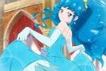  1girl :3 blue_bow blue_dress blue_eyes blue_gloves blue_hair blush bow cure_princess dress elbow_gloves from_side fuchi_(nightmare) gloves hair_ornament half-closed_eyes happinesscharge_precure! indoors lens_flare long_dress long_hair looking_at_viewer precure shiny shiny_hair shoulder_blades skirt_hold sleeveless sleeveless_dress smug solo sparkle standing star_(symbol) star_hair_ornament strapless strapless_dress striped striped_bow very_long_hair 