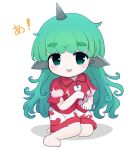  1girl bangs barefoot blush breasts chibi collar eyebrows_visible_through_hair green_eyes green_hair hand_up horns komano_aunn long_hair looking_at_viewer medium_breasts multicolored multicolored_clothes multicolored_shorts open_mouth red_shirt red_shorts red_sleeves rei_(tonbo0430) seiza shadow shirt short_sleeves shorts simple_background sitting smile solo touhou very_long_hair white_background white_shorts 