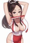  armpits arms_behind_head arms_up breasts brown_eyes brown_hair closed_fan folding_fan hand_fan highres holding holding_fan large_breasts looking_at_viewer nanja ninja pelvic_curtain ponytail revealing_clothes shiranui_mai sideboob the_king_of_fighters white_background 