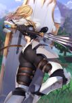  1girl armor ass back_cutout belt blonde_hair blurry blurry_background bodysuit breastplate brown_belt buckle clothing_cutout club_(weapon) faulds fighting_stance floating_hair from_side grass greaves highres holding holding_shield holding_weapon kippuru kisara_(tales) knight lips long_hair multiple_belts parted_lips pauldrons shield shoulder_armor solo straight_hair tales_of_(series) tales_of_arise thigh_strap tree vambraces weapon 