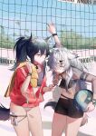  2girls animal_ears arknights beach beach_towel beach_volleyball black_hair blue_sky commentary_request earrings english_text food highres jacket jewelry lappland_(arknights) licking multiple_girls popsicle popsicle_stick see-through_jacket sky tail texas_(arknights) towel volleyball_net white_hair wolf_ears wolf_girl wolf_tail zhaitengjingcang 