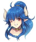  1girl blue_hair choker horns long_hair looking_at_viewer murata_tefu one_eye_closed original pointy_ears ponytail red_eyes simple_background smile solo tied_hair white_background 