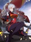  1girl :o aiming_at_viewer antenna_hair bangs braid breasts cosplay crossover dual_wielding eyepatch full_body gun hair_between_eyes highres holding holding_gun holding_weapon honkai_(series) honkai_impact_3rd kiana_kaslana kiana_kaslana_(void_drifter) kneeling long_hair looking_at_viewer neon_genesis_evangelion open_mouth polearm ponytail solo souryuu_asuka_langley souryuu_asuka_langley_(cosplay) spear taichi_(yirkorn) weapon white_hair yellow_eyes 