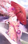  1girl absurdres alchemy_stars bangs branch breasts cherry_blossoms closed_mouth commentary_request day floral_print flower hair_flower hair_ornament highres hiiro_(alchemy_stars) holding holding_umbrella japanese_clothes kimono large_breasts long_sleeves looking_at_viewer obi oil-paper_umbrella outdoors petals pink_eyes pink_hair pink_kimono print_kimono purple_flower purple_rose red_flower red_rose rose sash seoyul short_hair signature smile solo standing umbrella water wide_sleeves 