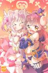  2girls absurdres ahoge blush brown_hair chiyoda_momo curled_horns demon_girl demon_horns demon_tail eyebrows_visible_through_hair hair_ornament halloween highres horns jack-o&#039;-lantern long_hair looking_at_viewer machikado_mazoku multiple_girls open_mouth pink_hair shiny shiny_hair short_hair tail takecho yoshida_yuuko_(machikado_mazoku) 