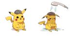  :&lt; black_eyes brown_headwear closed_mouth commentary detective_pikachu detective_pikachu_(character) dripping fluffy gen_1_pokemon hat hatted_pokemon no_humans open_mouth pikachu pokemon pokemon_(creature) puddle shower_head smile ssalbulre standing tongue water_drop wet 