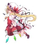  1girl ascot bat blonde_hair fang fingernails flandre_scarlet frilled_skirt frills from_side full_body hat highres leg_up long_hair looking_at_viewer looking_to_the_side mob_cap puffy_short_sleeves puffy_sleeves red_eyes red_footwear red_nails red_skirt red_vest sharp_fingernails shen_li shoes short_sleeves side_ponytail skirt skirt_set solo touhou transparent_background vest white_headwear wings yellow_neckwear 