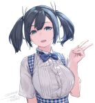  1girl alternate_costume apron bangs blue_apron blue_eyes blue_hair blue_neckwear breasts dated eyebrows_visible_through_hair gingham gingham_apron hair_ribbon highres kantai_collection kobeya_uniform large_breasts looking_at_viewer one-hour_drawing_challenge open_mouth ribbon rokuwata_tomoe short_sleeves sidelocks simple_background solo souryuu_(kancolle) twintails twitter_username upper_teeth v white_background 