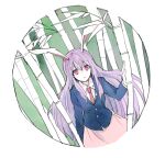  1girl animal_ears bamboo bangs black_jacket blazer commentary_request crescent crescent_pin green_background jacket long_hair long_sleeves necktie pink_skirt purple_hair rabbit_ears red_eyes red_neckwear reisen_udongein_inaba shirt skirt solo tarako_supa touhou white_background white_shirt 