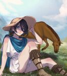  1girl black_hair blue_eyes brown_footwear brown_headwear cape capelin_s clouds cloudy_sky flower full_body grass hat highres horse knees_up looking_at_viewer original outdoors short_hair sitting sky sleeveless smile solo white_flower 