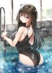  1girl ass bangs black_hair black_swimsuit blue_eyes hair_between_eyes highres hiromaster_sinta_jh long_hair looking_at_viewer looking_back one-piece_swimsuit original pool pool_ladder solo swimsuit wading_pool 