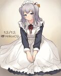  1girl :&gt; alternate_costume apron blue_eyes dated enmaided kantai_collection kashima_(kancolle) maid maid_apron maid_headdress nikuoji silver_hair smile solo twintails twitter_username 