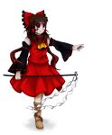  1girl aimturein alternate_costume angry black_eyes black_sleeves boots bow brown_hair detached_sleeves english_commentary frilled_bow frills full_body gohei hair_bow hakurei_reimu highres kaijuu koishi_komeiji&#039;s_heart-throbbing_adventure long_hair monster neckerchief nontraditional_miko red_bow scarf solo solo_focus space_kaiju tattoo touhou white_background 