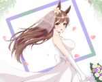  1girl absurdres animal_ears bare_shoulders bouquet braid breasts bridal_veil bride commentary dress elbow_gloves flower gloves hair_flower hair_ornament hand_up highres holding holding_bouquet horse_ears horse_girl jewelry large_breasts looking_at_viewer looking_down necklace okey open_mouth satono_diamond_(umamusume) smile solo strapless strapless_dress umamusume veil wedding_dress white_dress white_gloves 