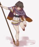  1girl bare_legs black_hair brown_eyes cape capelin_s highres holding holding_polearm holding_spear holding_weapon leg_up original parted_lips polearm sandals short_hair simple_background solo spear twitter_username weapon white_background 