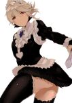  1boy ass blonde_hair contrapposto corrin_(fire_emblem) corrin_(fire_emblem)_(male) crossdressinging dagger fire_emblem fire_emblem_fates frills from_below highres knife miniskirt otoko_no_ko pointy_ears red_eyes simple_background skirt thigh-highs translation_request twisted_torso w_(1999_kyu) weapon white_background 