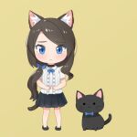  1girl aina_(mao_lian) animal_ear_fluff animal_ears black_choker black_footwear blue_bow blue_eyes blush bow bowtie brown_hair cat cat_ears cat_tail chibi choker closed_mouth fidgeting fingers_together hair_over_shoulder highres long_hair looking_at_viewer mao_lian_(nekokao) miniskirt original pleated_skirt shirt shoes short_sleeves simple_background skirt smile solo standing tail very_long_hair white_shirt yellow_background 