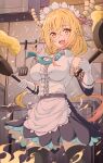  1girl :d absurdres apron bangs black_legwear blonde_hair breasts choker collared_shirt colored_tips commentary cooking cowboy_shot dragon_girl dragon_horns dual_wielding egg eyebrows_visible_through_hair fangs fire frills frying_pan gloves gradient_hair hair_between_eyes highres holding holding_frying_pan horns huge_filesize hyunwoo kitchen kobayashi-san_chi_no_maidragon ladle large_breasts long_hair looking_at_object low_ponytail maid maid_apron maid_headdress multicolored_hair omelet open_mouth orange_hair shirt sleeveless slit_pupils smile solo spatula standing thigh-highs tohru_(maidragon) upper_teeth very_long_hair whisk white_gloves zettai_ryouiki 