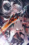  1girl arutera bangs banned_artist bare_shoulders black_gloves blue_eyes boots cape chain closed_mouth earrings gauntlets gloves hair_between_eyes hair_ornament holding holding_sword holding_weapon honkai_(series) honkai_impact_3rd jewelry kiana_kaslana kiana_kaslana_(herrscher_of_flamescion) long_hair looking_at_viewer ponytail solo sword thigh-highs thigh_boots torn_cape torn_clothes weapon white_footwear white_hair 