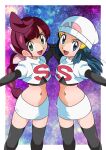  2girls alternate_costume beanie black_footwear black_legwear blue_eyes boots border braid braided_ponytail chloe_(pokemon) cosplay hikari_(pokemon) elbow_gloves feet_out_of_frame flower gloves green_eyes hainchu hair_flower hair_ornament hairclip hat highres holding_hands jessie_(pokemon) jessie_(pokemon)_(cosplay) long_hair looking_at_viewer medium_hair midriff miniskirt multiple_girls navel pokemon pokemon_(anime) ponytail single_letter skirt standing starry_background stomach team_rocket_uniform tied_hair white_border white_skirt 