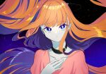  1girl bangs black_choker blue_eyes choker eyebrows_visible_through_hair floating_hair hand_up highres hoshiumi_0369 long_hair looking_at_viewer orange_hair original pale_skin pink_shirt shadow shirt solo star-shaped_pupils star_(symbol) symbol-shaped_pupils upper_body 