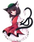  1girl animal_ears arms_behind_back brown_hair cat_ears cat_tail chen cowboy_shot dress earrings eyebrows_visible_through_hair fangs foul_detective_satori green_headwear hat head_tilt highres jewelry looking_at_viewer mob_cap multiple_tails open_mouth red_eyes red_tabard shen_li short_hair short_sleeves single_earring solo tabard tail touhou transparent_background two_tails white_dress 