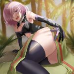  1girl armpits detached_sleeves fate/grand_order fate_(series) highres mash_kyrielight oekaki_taro one_eye_covered open_mouth pink_hair short_hair skirt violet_eyes 