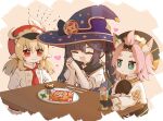  3girls :d ^_^ ^o^ absurdres ahoge animal_ears bangs bangs_pinned_back black_gloves black_hair blush_stickers cabbie_hat cat_ears cat_girl cat_tail chef_uniform choker closed_eyes clover_print commentary_request cup diona_(genshin_impact) drink drinking_glass drinking_straw earrings eyebrows_visible_through_hair food forehead genshin_impact gloves green_eyes hair_between_eyes hair_ornament hands_on_hips hat highres holding jewelry klee_(genshin_impact) light_brown_hair long_hair long_sleeves low_twintails mona_(genshin_impact) multiple_girls open_mouth pink_hair plate pointy_ears red_eyes short_hair sidelocks smile sweat tail thick_eyebrows toast tray twintails v-shaped_eyebrows waitress witch_hat yoshinao_(yoshinao_0203) 