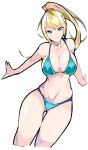  1girl bangs bare_shoulders belly bikini blonde_hair blue_bikini blue_eyes breasts cleavage closed_mouth enpe eyebrows eyebrows_visible_through_hair eyelashes feet_out_of_frame female highres hips huge_breasts large_breasts long_hair looking_at_viewer metroid mole mole_under_mouth navel ponytail samus_aran simple_background smile solo swimsuit thick_thighs thighs white_background wide_hips 