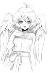  1girl ahoge blush breasts character_request dress looking_at_viewer monochrome murata_tefu open_mouth puyopuyo short_hair simple_background smile solo white_background wings wristband 