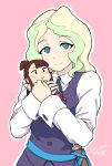  1girl aqua_eyes blonde_hair blue_eyes closed_mouth collared_shirt dated diana_cavendish doll doll_hug eyebrows_visible_through_hair green_hair kagari_atsuko little_witch_academia long_hair long_sleeves looking_at_viewer luna_nova_school_uniform multicolored_hair pink_background school_uniform shirt signature simple_background smile solo streaked_hair tsukudani_(coke-buta) two-tone_hair upper_body white_shirt 