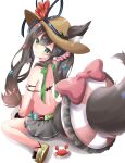  absurdres animal_ears chigusa_hana commentary_request crab fox_ears fox_tail green_eyes hair_between_eyes hair_ornament hat highres hikarin0502 indie_virtual_youtuber innertube long_hair looking_back ribbon seiza sitting skirt smile straw_hat tail virtual_youtuber white_background 