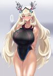  1girl arms_behind_back bangs bare_shoulders black_swimsuit blonde_hair blush breasts collarbone covered_navel earrings fairy_knight_gawain_(fate) fate/grand_order fate_(series) gachou green_eyes heterochromia highleg highleg_swimsuit highres horns jewelry large_breasts long_hair looking_at_viewer one-piece_swimsuit red_eyes solo swimsuit thighs thought_bubble translation_request 