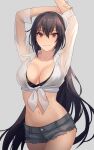  1girl alternate_costume arms_up black_hair breasts brown_eyes closed_mouth collarbone cowboy_shot grey_background grey_shorts hair_between_eyes highres kantai_collection kasumi_(skchkko) large_breasts long_hair nagato_(kancolle) navel short_shorts shorts simple_background smile solo 