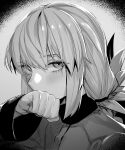  1girl absurdres bangs blush braid braided_ponytail breasts fate/grand_order fate_(series) florence_nightingale_(fate) folded_ponytail greyscale highres hxd large_breasts long_hair long_sleeves looking_at_viewer military_jacket monochrome solo wiping_mouth 