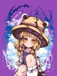  1girl bangs blonde_hair blue_sky blunt_bangs blurry blurry_foreground chinese_commentary closed_mouth clouds detached_sleeves hair_ribbon hat highres looking_at_viewer moriya_suwako orange_eyes purple_background purple_vest red_ribbon ribbon ribbon-trimmed_sleeves ribbon_trim shen_li sky sleeveless smile socks solo touhou vest white_legwear 