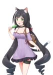  1girl absurdres animal_ears bag bare_shoulders black_choker black_hair blush brown_bag cat_ears cat_tail choker dot_nose dress drill_hair food green_eyes highres holding karyl_(princess_connect!) long_hair looking_at_viewer mao_lian_(nekokao) off-shoulder_dress off_shoulder open_mouth popsicle princess_connect! purple_dress short_sleeves shoulder_bag simple_background solo standing tail thigh_strap twin_drills very_long_hair white_background 