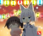  2girls animal_ears artist_logo artist_name azur_lane black_gloves blue_eyes brown_hair closed_eyes cotton_candy crossover eating eyebrows_visible_through_hair fingerless_gloves food fox_ears fox_tail gloves hair_between_eyes holding holding_food japanese_clothes kaga_(azur_lane) kaga_(kancolle) kantai_collection long_hair multiple_girls multiple_tails namesake open_mouth short_hair side_ponytail tail taisa_(kari) white_hair wide_sleeves 