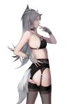  1girl absurdres animal_ears arknights armpits ass bare_arms bare_shoulders black_bra black_choker black_legwear black_panties bra breasts choker cjmy cowboy_shot finger_to_mouth fingerless_gloves from_side garter_belt gloves grey_gloves grey_hair highres lappland_(arknights) long_hair looking_away panties simple_background small_breasts solo standing string_bra tail thigh-highs underwear underwear_only white_background wolf_ears wolf_girl wolf_tail yellow_eyes 