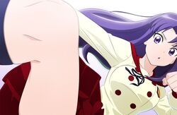  1girl black_ribbon blue_legwear clenched_hand eyelashes fuchi_(nightmare) hair_intakes happinesscharge_precure! hikawa_iona kneehighs leg_up long_hair long_sleeves looking_at_viewer miniskirt neck_ribbon open_mouth pikarigaoka_middle_school_uniform pleated_skirt precure purple_hair red_skirt ribbon school_uniform shiny shiny_hair shirt skirt solo very_long_hair violet_eyes white_background white_shirt 